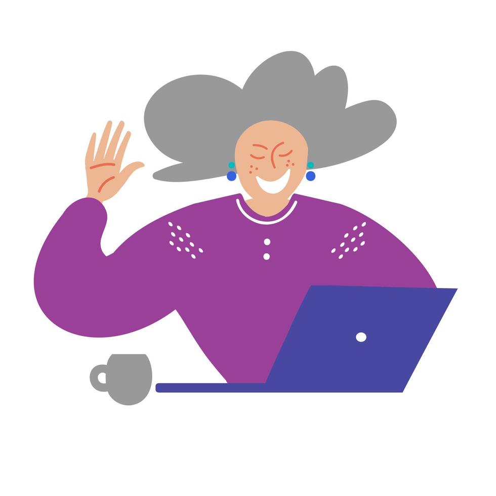 A happy smiling elderly woman waves her hand while sitting at the computer vector