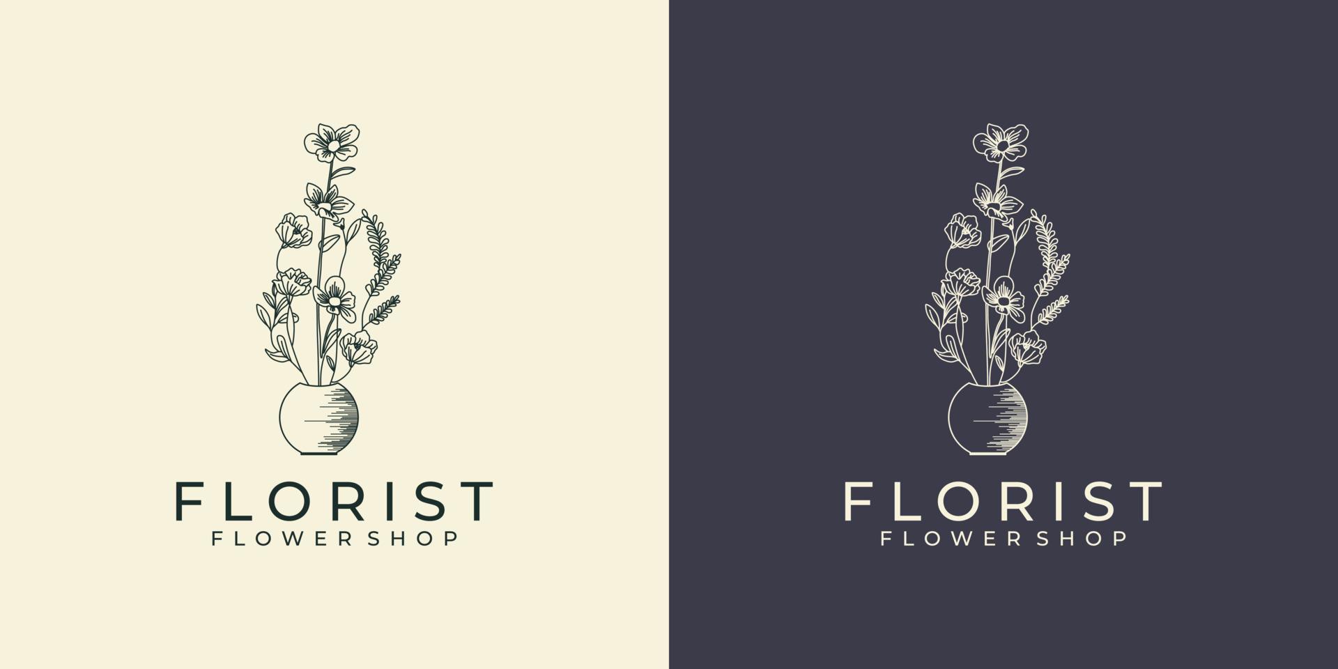 feminine hand draw flower logo design line art style vector