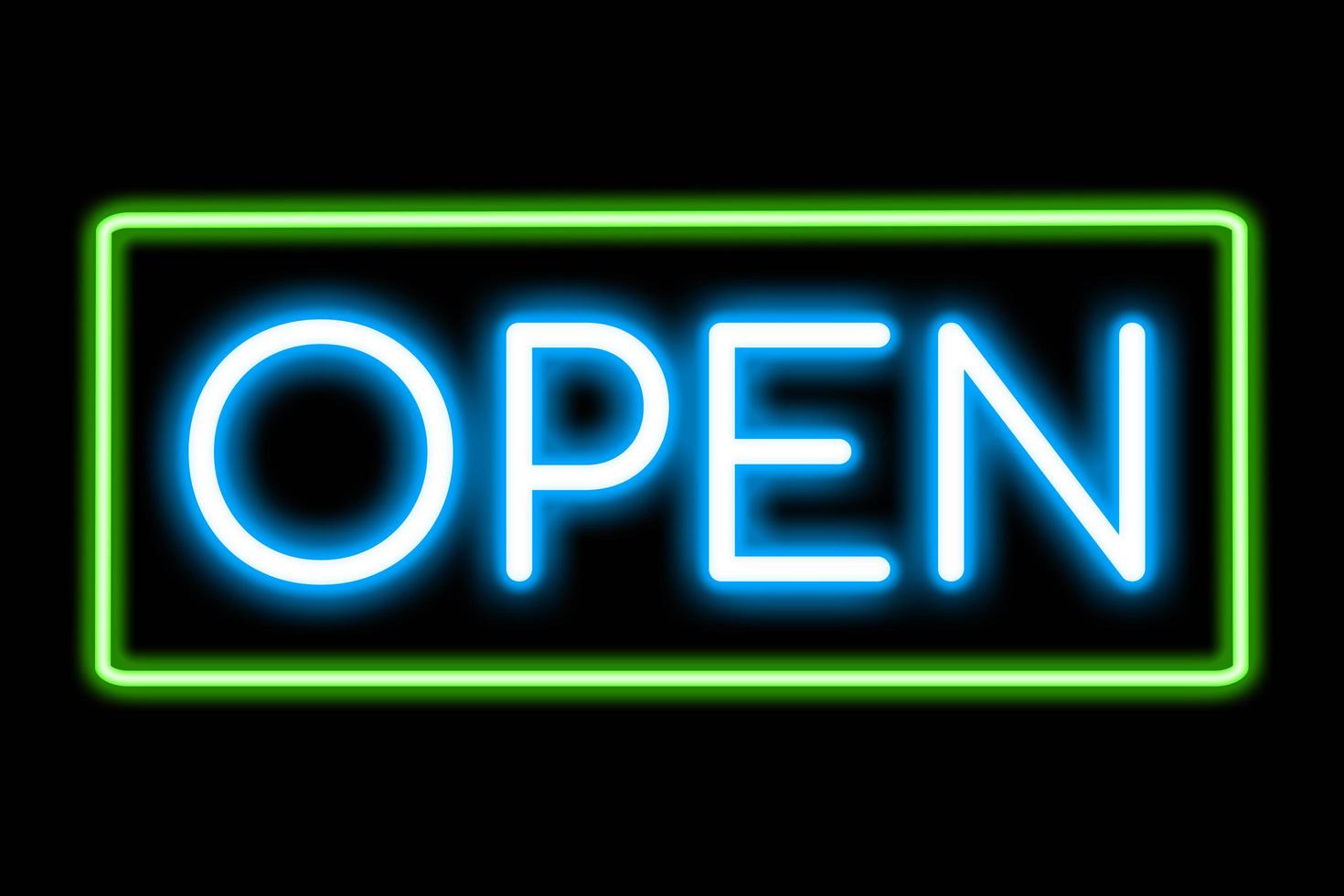 Open neon banner, light signboard. photo