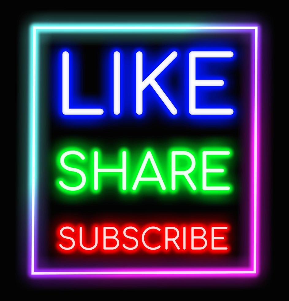 Like Share and Subscribe neon banner, light signboard. photo