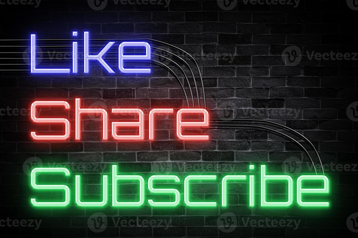 Like Share and Subscribe neon banner, light signboard. photo