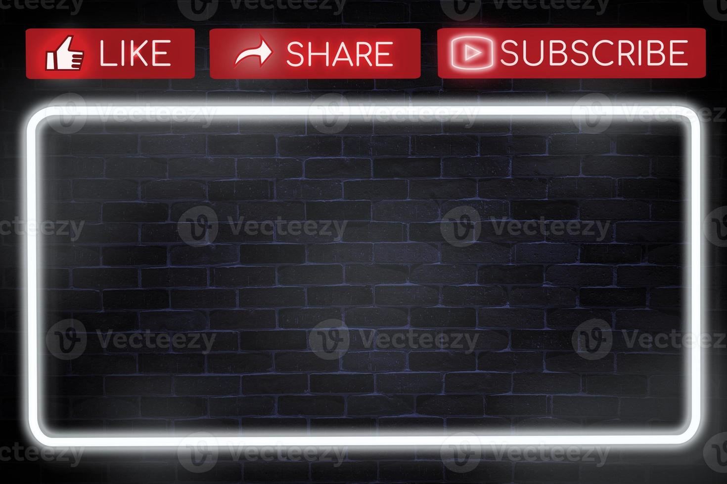 Empty frame Like share, Subscribe neon banner, light signboard. photo