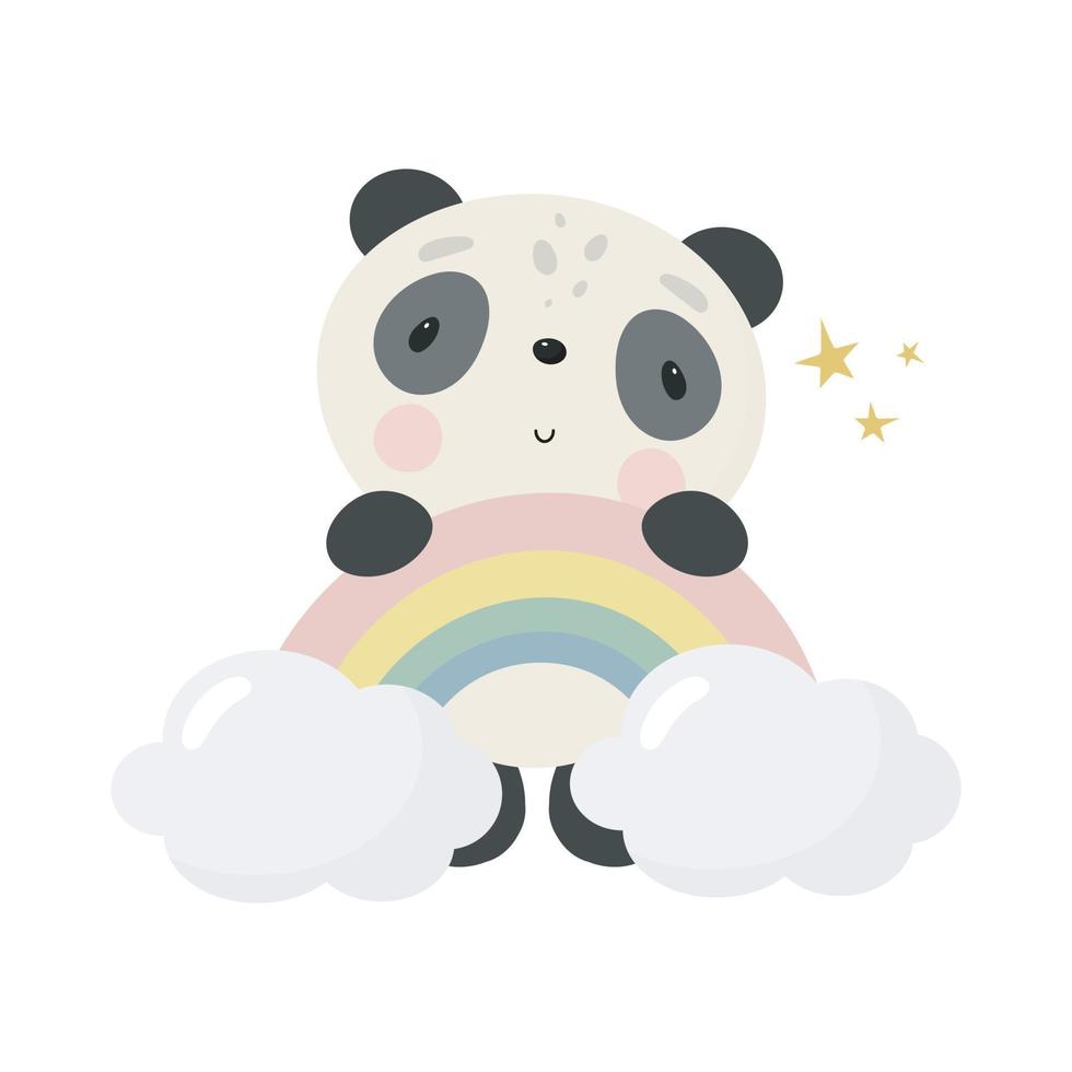 Cute Panda with Rainbow. For kids stuff, card, posters, banners, books, printing on the pack, printing on clothes, fabric, wallpaper, textile or dishes. Vector illustration.