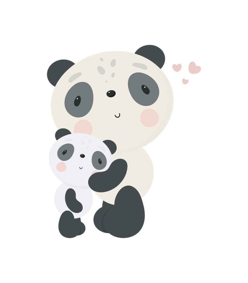 Cute Panda with baby. Cartoon style. Vector illustration. For kids stuff, card, posters, banners, children books, printing on the pack, printing on clothes, fabric, wallpaper, textile or dishes.