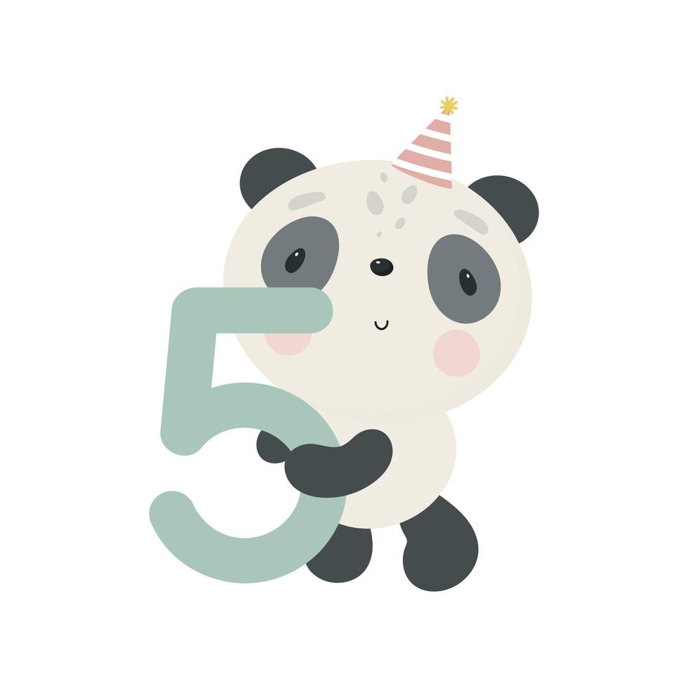 Birthday Party, Greeting Card, Party Invitation. Kids illustration with Cute Panda and and the number five. Vector illustration in cartoon style.