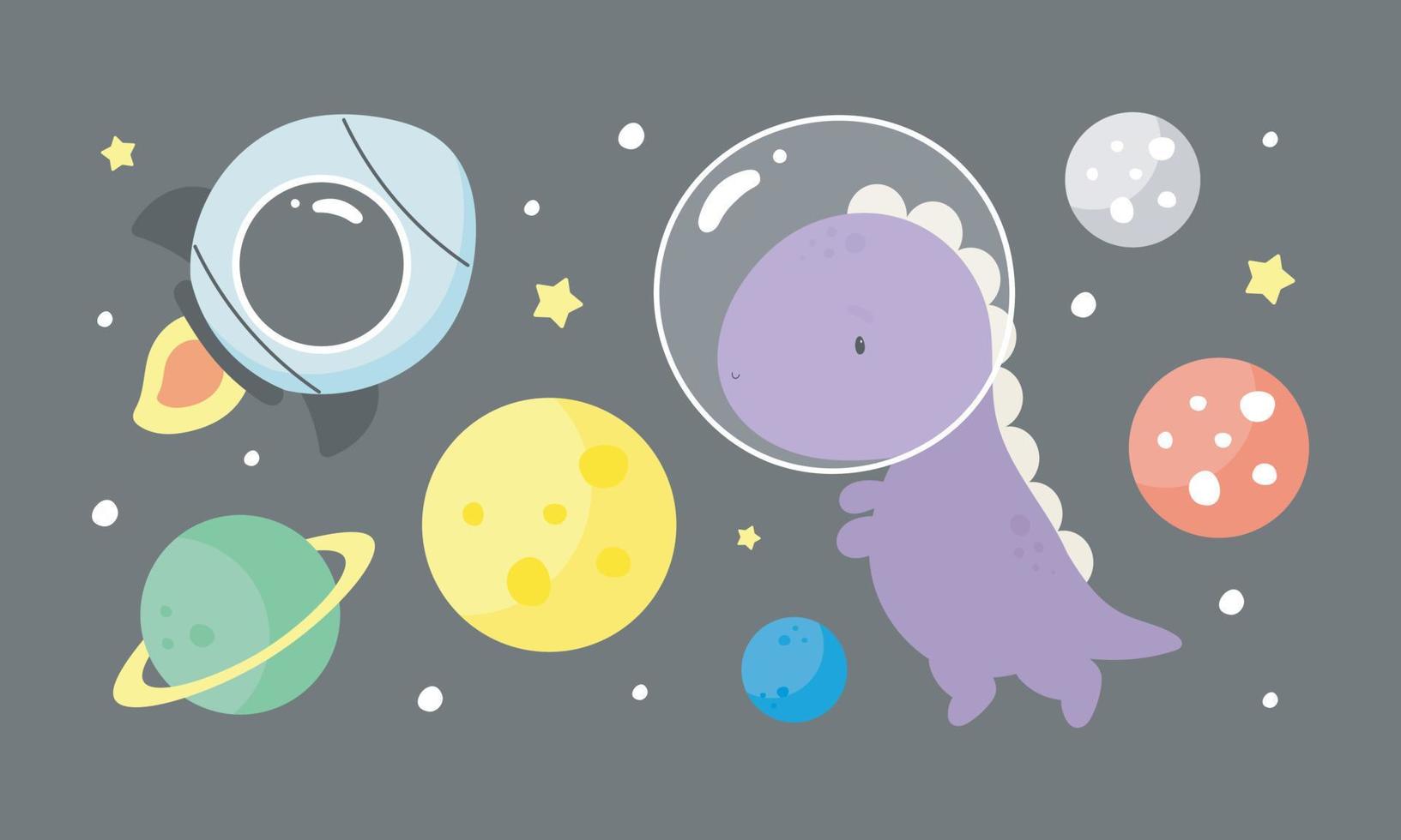 Space collection. Vector illustration in cartoon style . Dinosaur cosmonaut, planets, spaceship, stars. For kids stuff, card, posters, banners, children books and print for clothes, t shirt, icons.