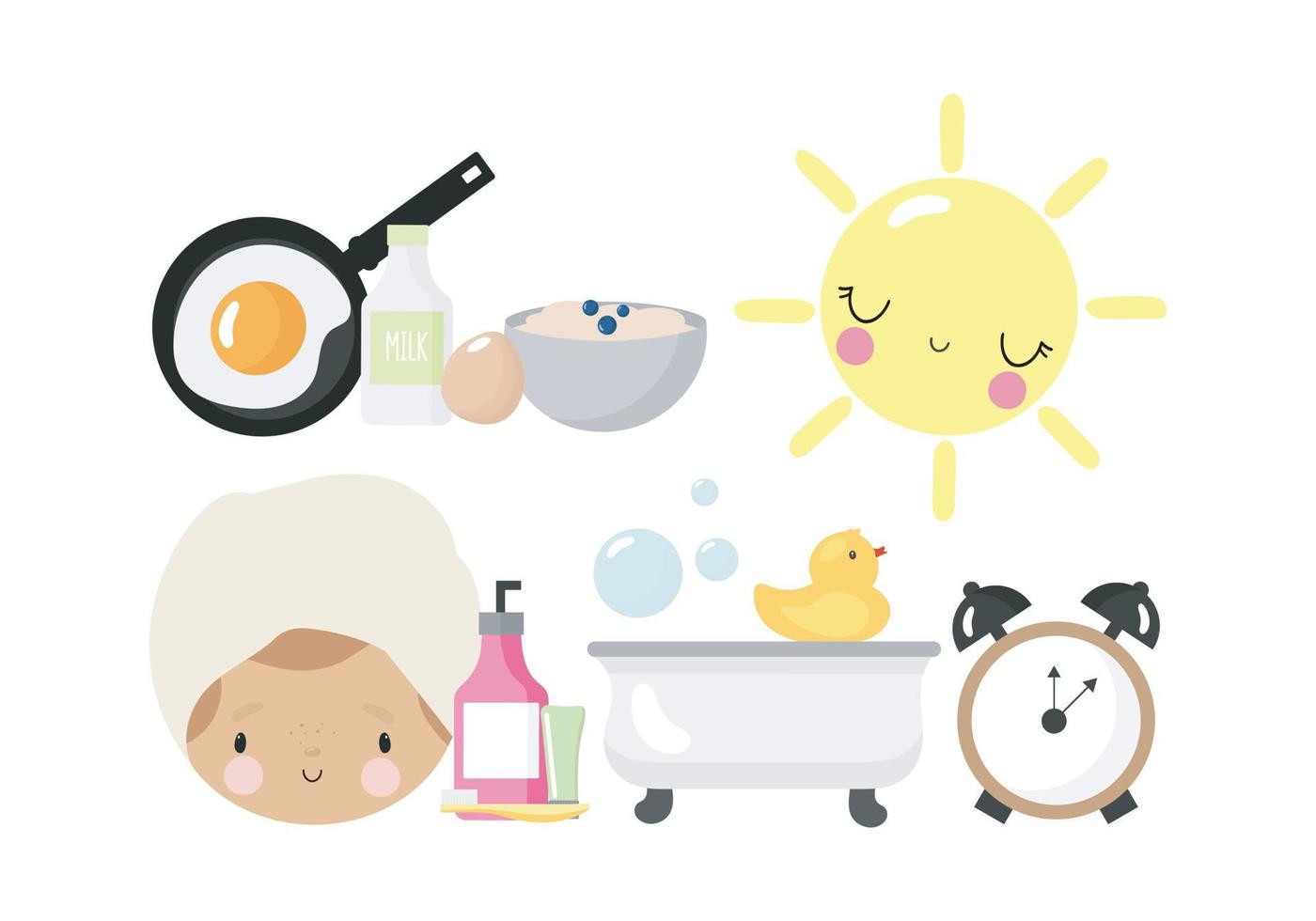 ambientado en el tema de la rutina matutina, que incluye despertador, leche, sol, huevos, baño, croissant, niña, cosméticos de cuidado. ilustración vectorial en estilo de dibujos animados. vector