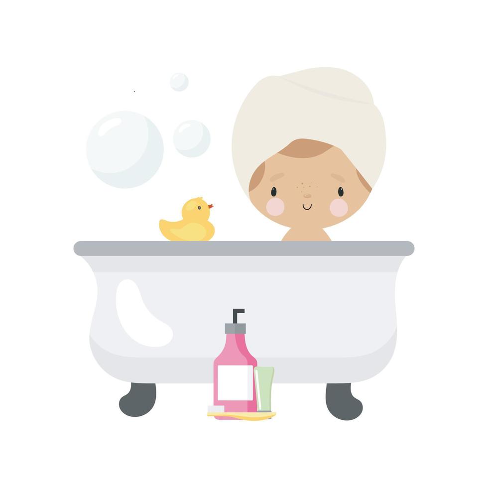 linda chica toma un baño. estilo de dibujos animados ilustración vectorial sobre un fondo blanco. vector