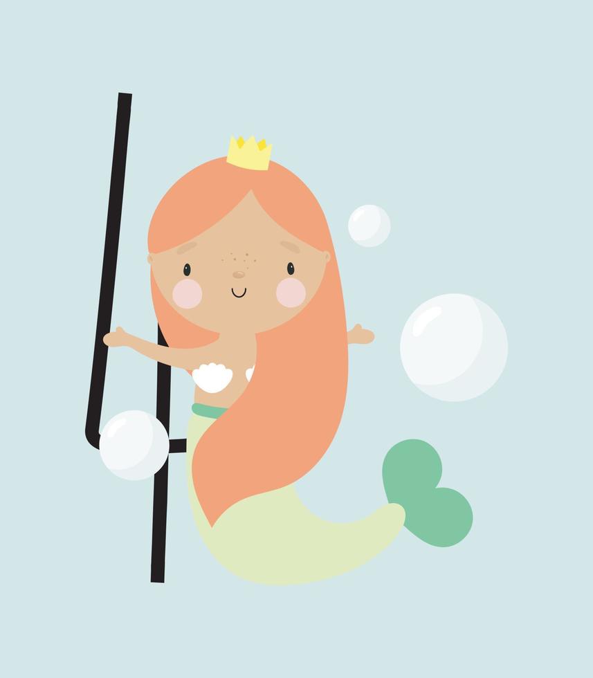 Birthday Party, Greeting Card, Party Invitation. Kids illustration with Cute Mermaid and an inscription four. Vector illustration in cartoon style.