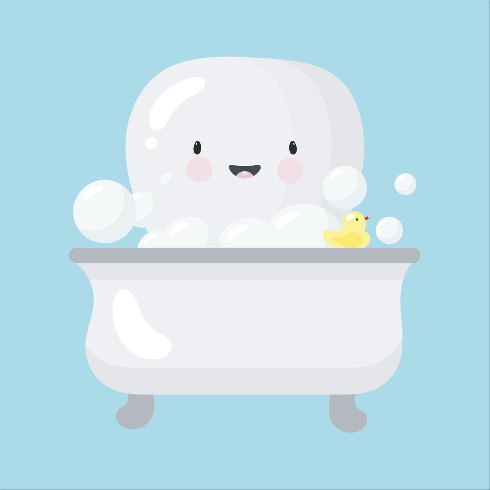 Poster about dental hygiene in cartoon style. The illustration shows funny tooth who takes a bath. Dental concept for children dentistry and orthodontics. Vector illustration.
