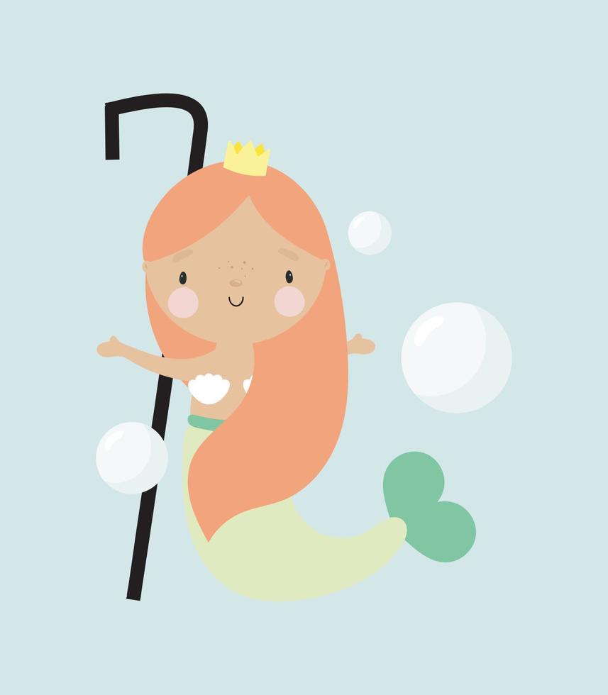 Birthday Party, Greeting Card, Party Invitation. Kids illustration with Cute Mermaid and an inscription seven. Vector illustration in cartoon style.