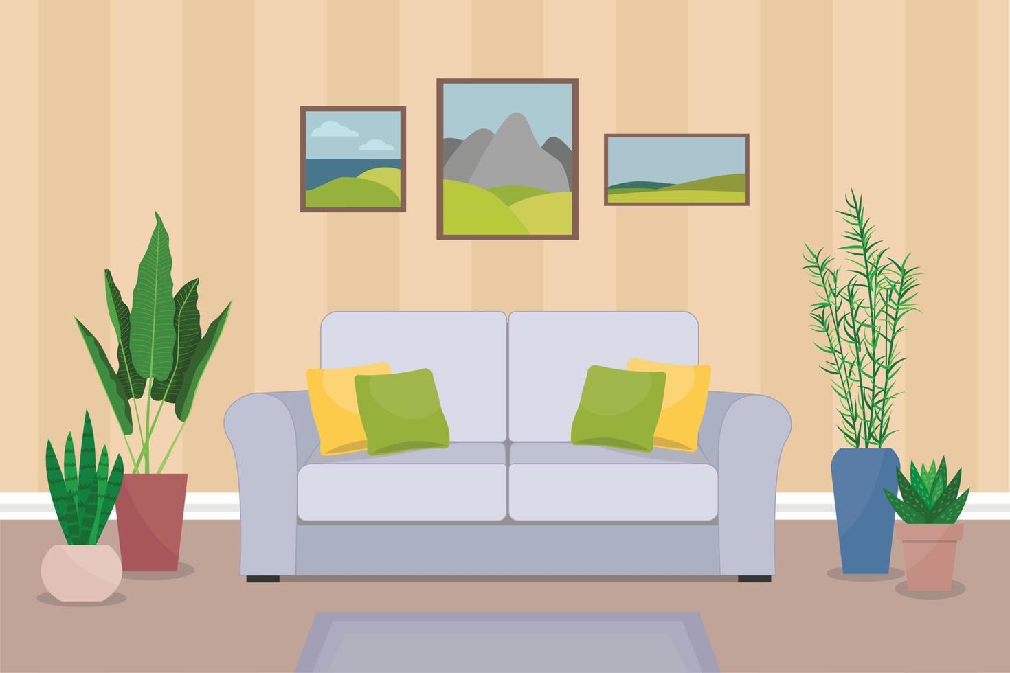 interior moderno y acogedor de la sala de estar con sofá, plantas interiores y carteles. vector