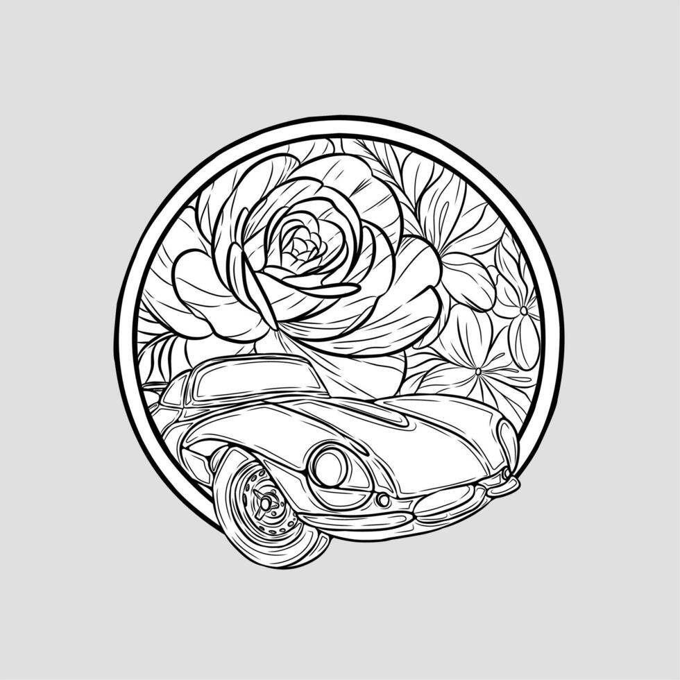 Flowered car vector circle icon design line art