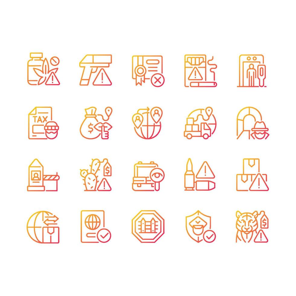 Smuggling gradient linear vector icons set. Illegal import and export. Illicit drugs trade. Thin line contour symbols bundle. Isolated outline illustrations collection. Quicksand-Light font used