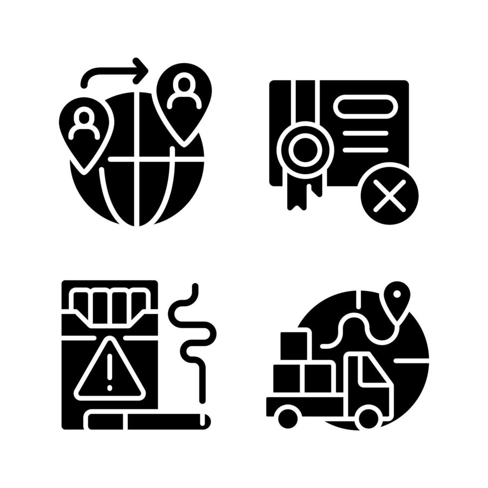 Contraband black glyph icons set on white space. People smuggling. Cigarettes illegal trading. Import restrictions and regulations. Silhouette symbols. Vector isolated illustration