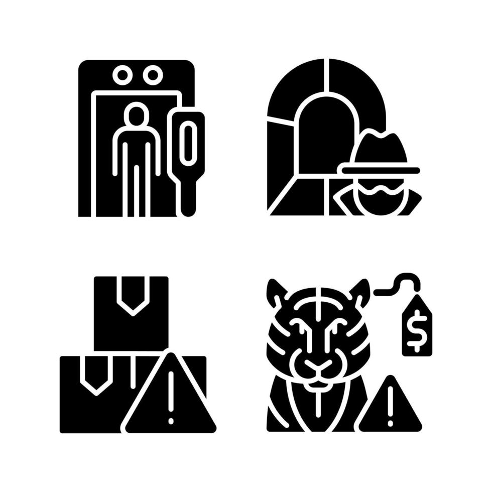 Smugglers activities prevention black glyph icons set on white space. Smuggling tunnel. Metal detector. Border security. Wildlife animal contraband. Silhouette symbols. Vector isolated illustration