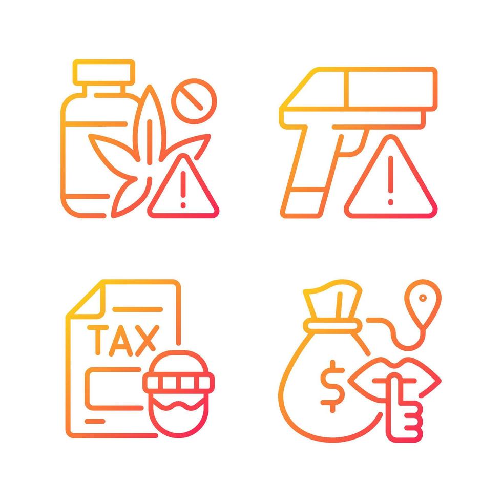 Illegal transportation gradient linear vector icons set. Drugs and armament trading. Smuggling and contraband. Thin line contour symbols bundle. Isolated outline illustrations collection