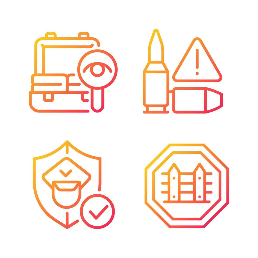 Checkpoint examination gradient linear vector icons set. Border security. Weapon illegal moving prevention. Country fences. Thin line contour symbols bundle. Isolated outline illustrations collection