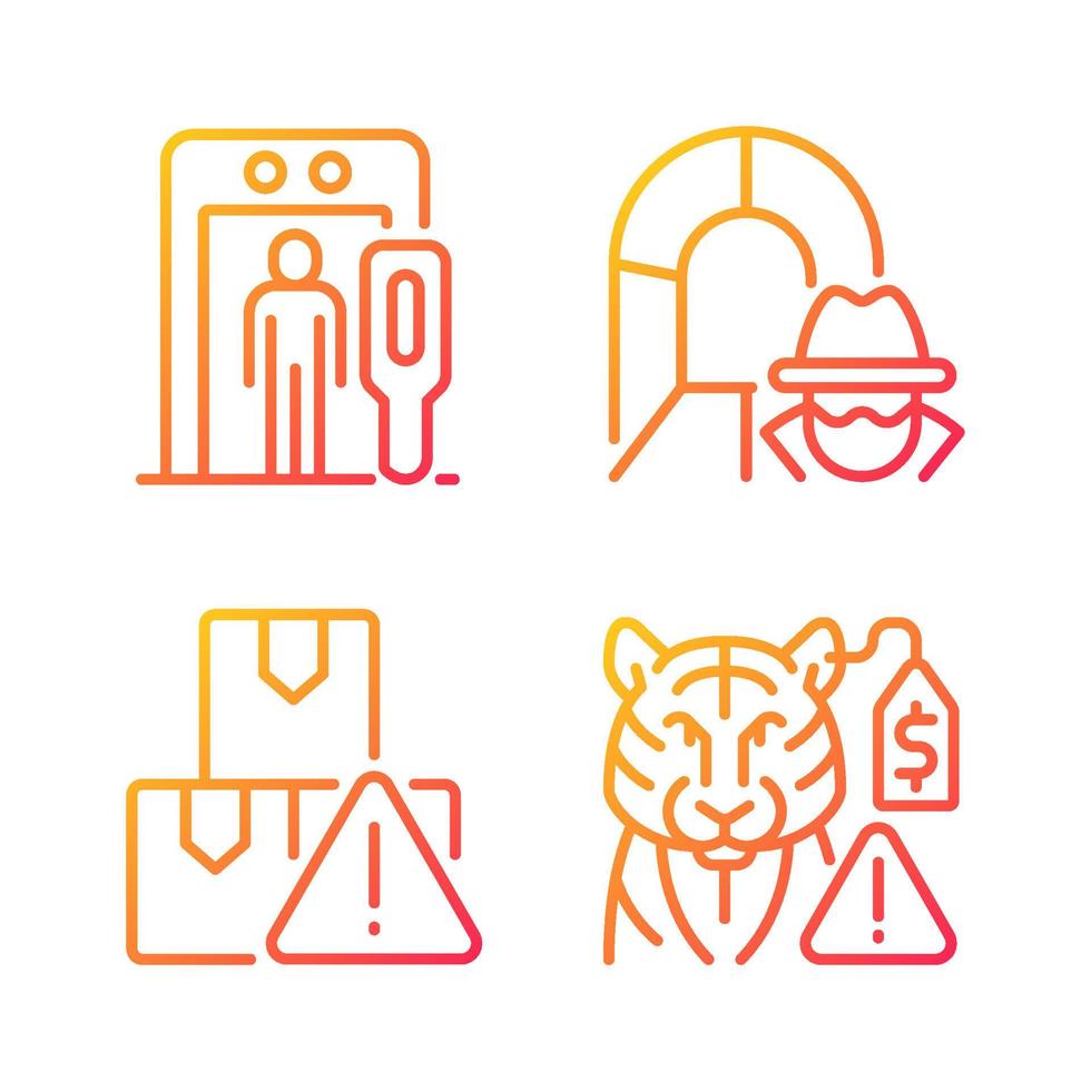 Smugglers activities prevention gradient linear vector icons set. Smuggling tunnel. Metal detector. Border security. Thin line contour symbols bundle. Isolated outline illustrations collection