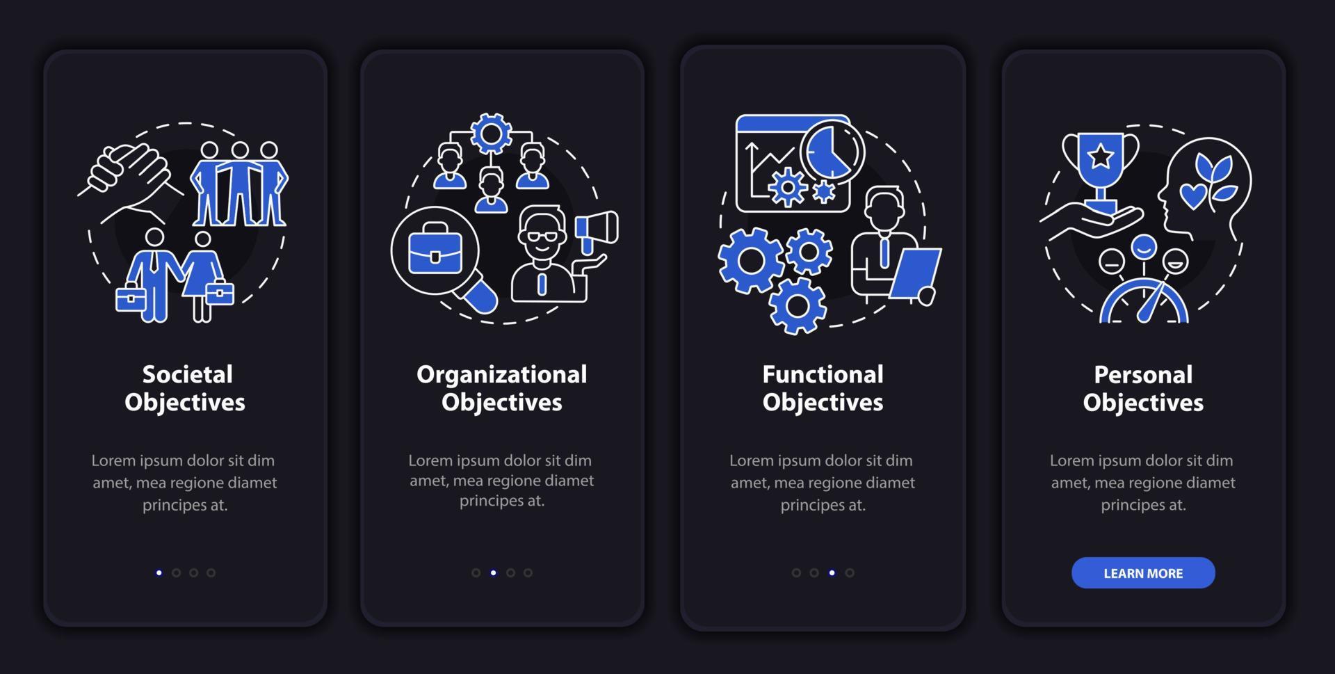 objetivo de la pantalla de la aplicación móvil de incorporación del modo nocturno de gestión de recursos humanos. tutorial 4 pasos páginas de instrucciones gráficas con conceptos lineales. interfaz de usuario, ux, plantilla de interfaz gráfica de usuario. innumerables fuentes pro-negrita y regulares utilizadas vector