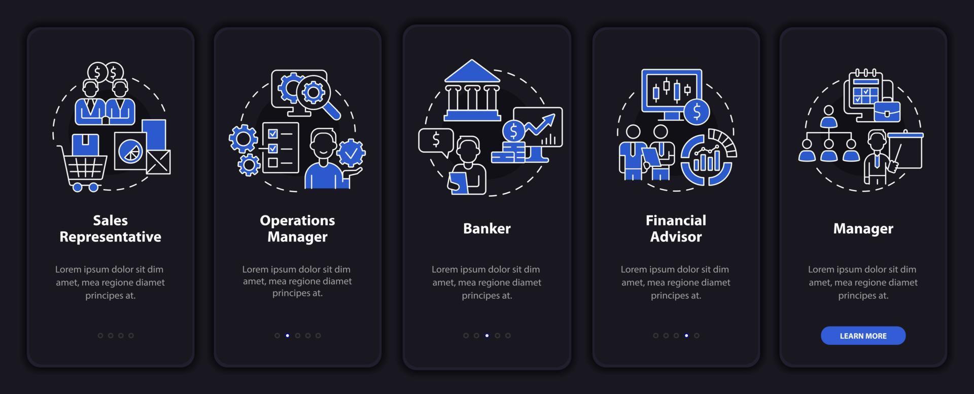 pantalla de la aplicación móvil de incorporación del modo nocturno de carreras comerciales. tutorial 5 pasos páginas de instrucciones gráficas con conceptos lineales. interfaz de usuario, ux, plantilla de interfaz gráfica de usuario. innumerables fuentes pro-negrita y regulares utilizadas vector