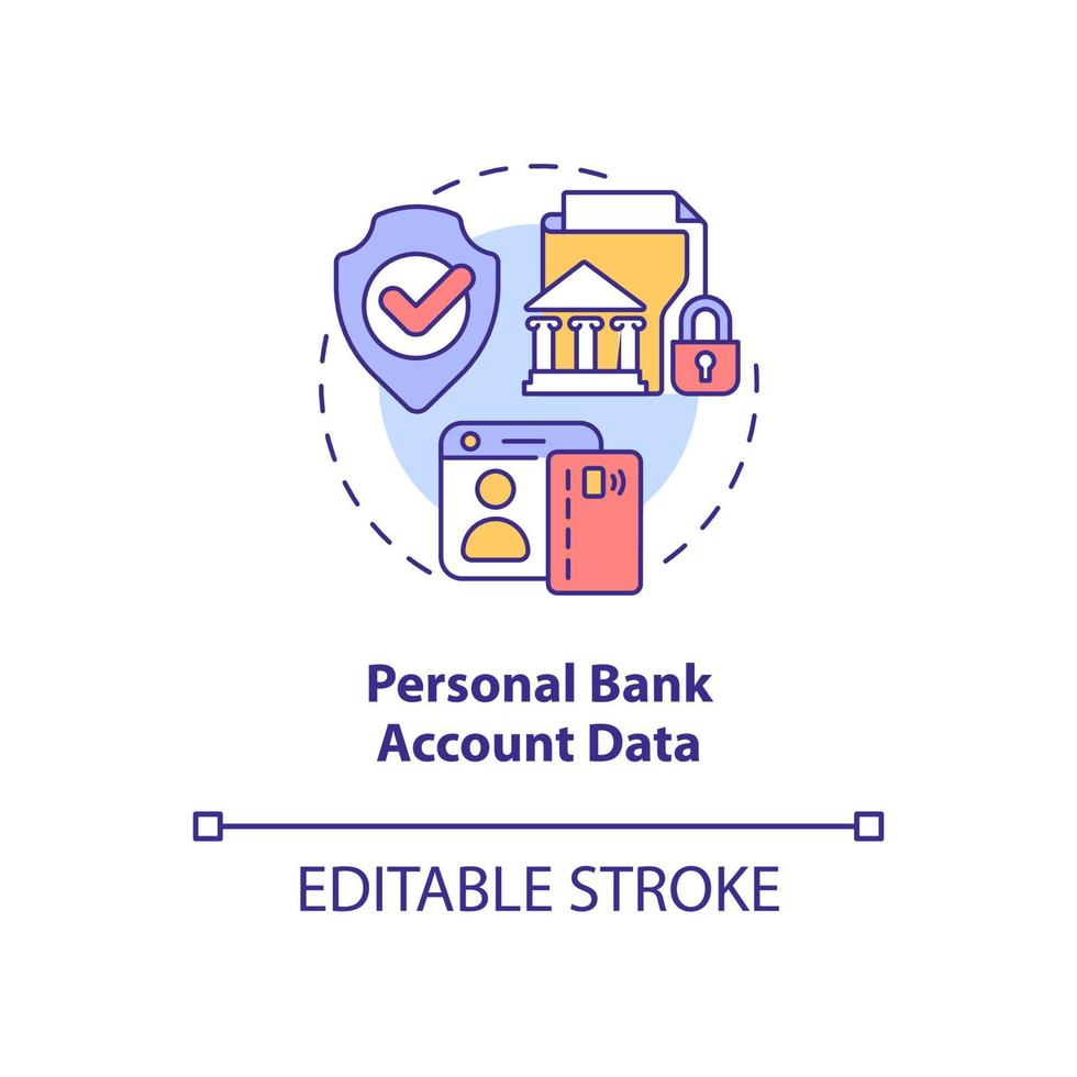 Personal bank account data concept icon. Financial information safety abstract idea thin line illustration. Isolated outline drawing. Editable stroke. Roboto-Medium, Myriad Pro-Bold fonts used vector