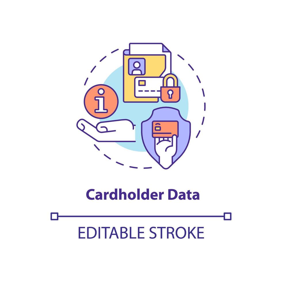 icono del concepto de datos del titular de la tarjeta. información personal de la cuenta bancaria idea abstracta ilustración de línea delgada. dibujo de contorno aislado. trazo editable. roboto-medium, innumerables fuentes pro-bold utilizadas vector