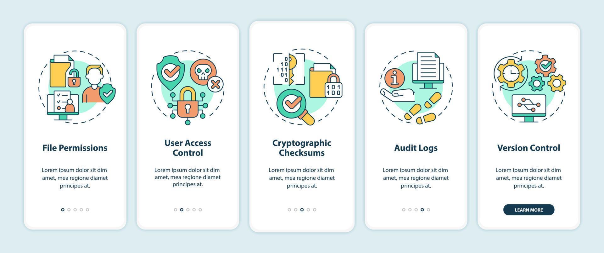 Integrity onboarding mobile app screen. Sensitive data walkthrough 5 steps graphic instructions pages with linear concepts. UI, UX, GUI template. Myriad Pro-Bold, Regular fonts used vector