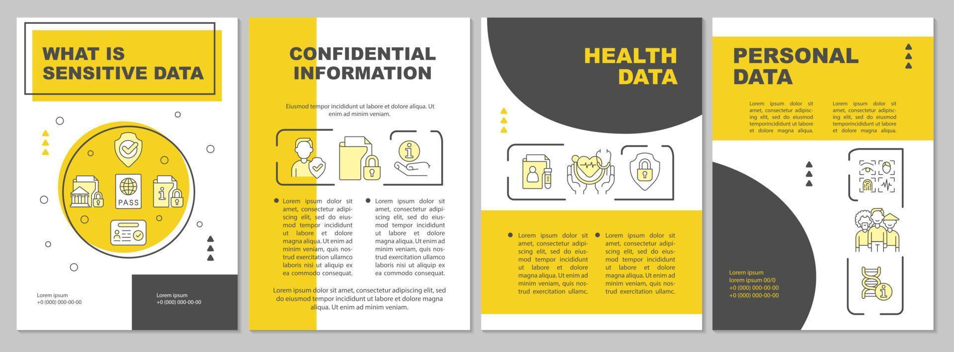 plantilla de folleto amarillo de tipos de datos confidenciales. identidad segura. diseño de impresión de folletos con iconos lineales. diseños vectoriales para presentación, informes anuales, anuncios. arial, innumerables fuentes pro-regulares utilizadas vector