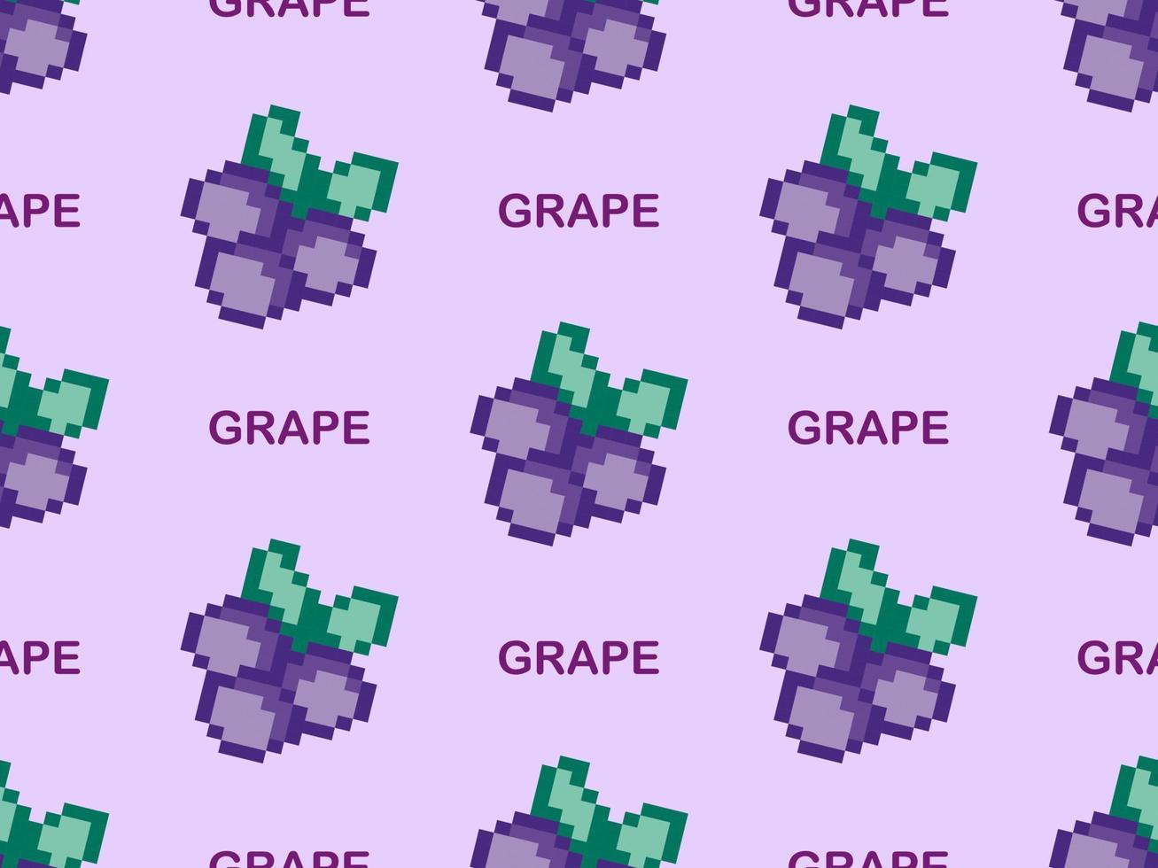 Grape cartoon character seamless pattern on purple background. Pixel style vector