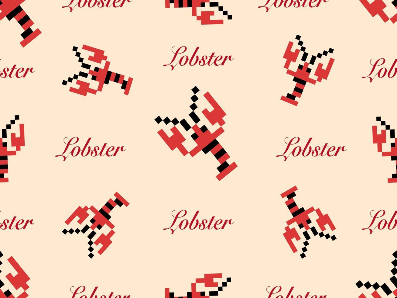 Lobster cartoon character seamless pattern on orange background.Pixel style vector