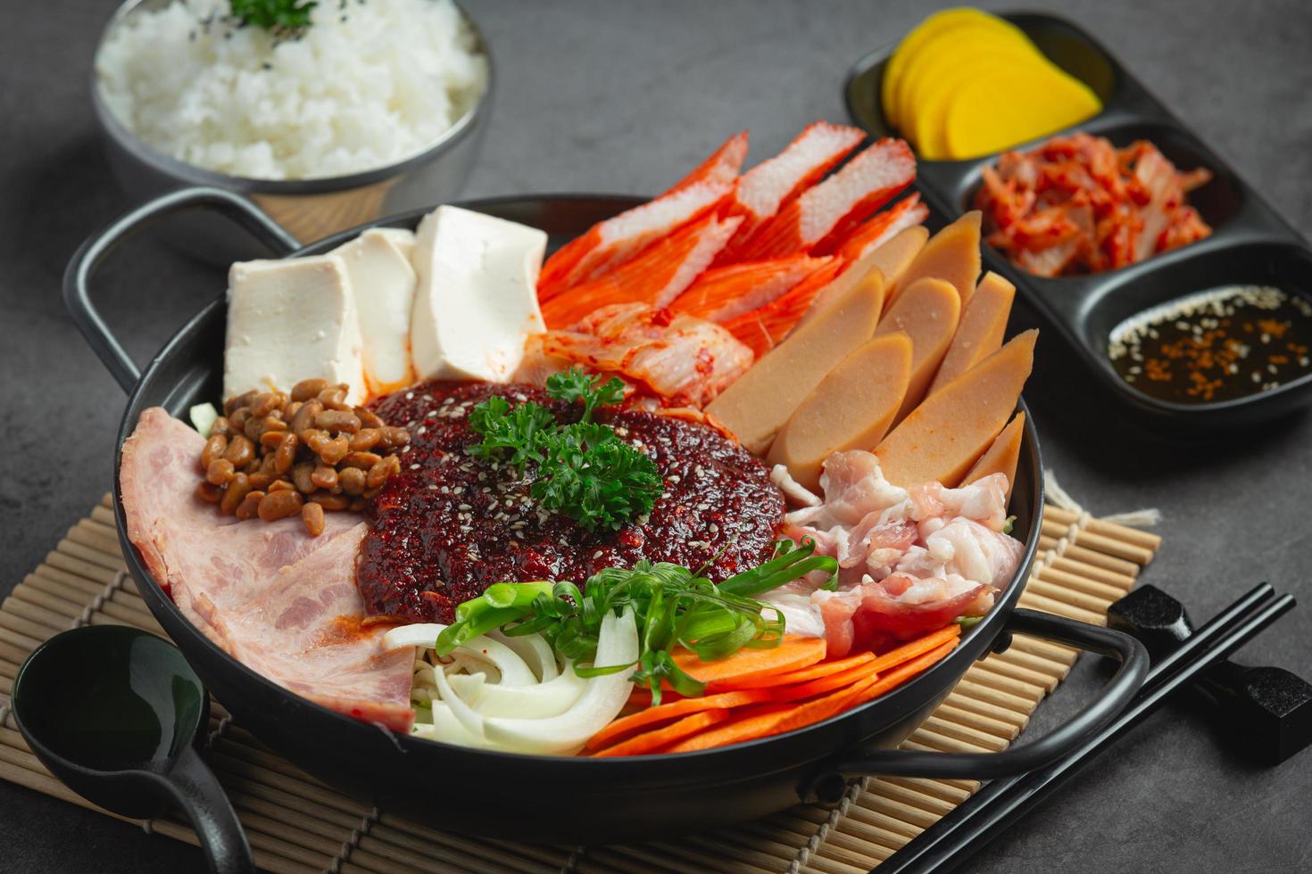 spicy meat and pork boil in hot pot photo