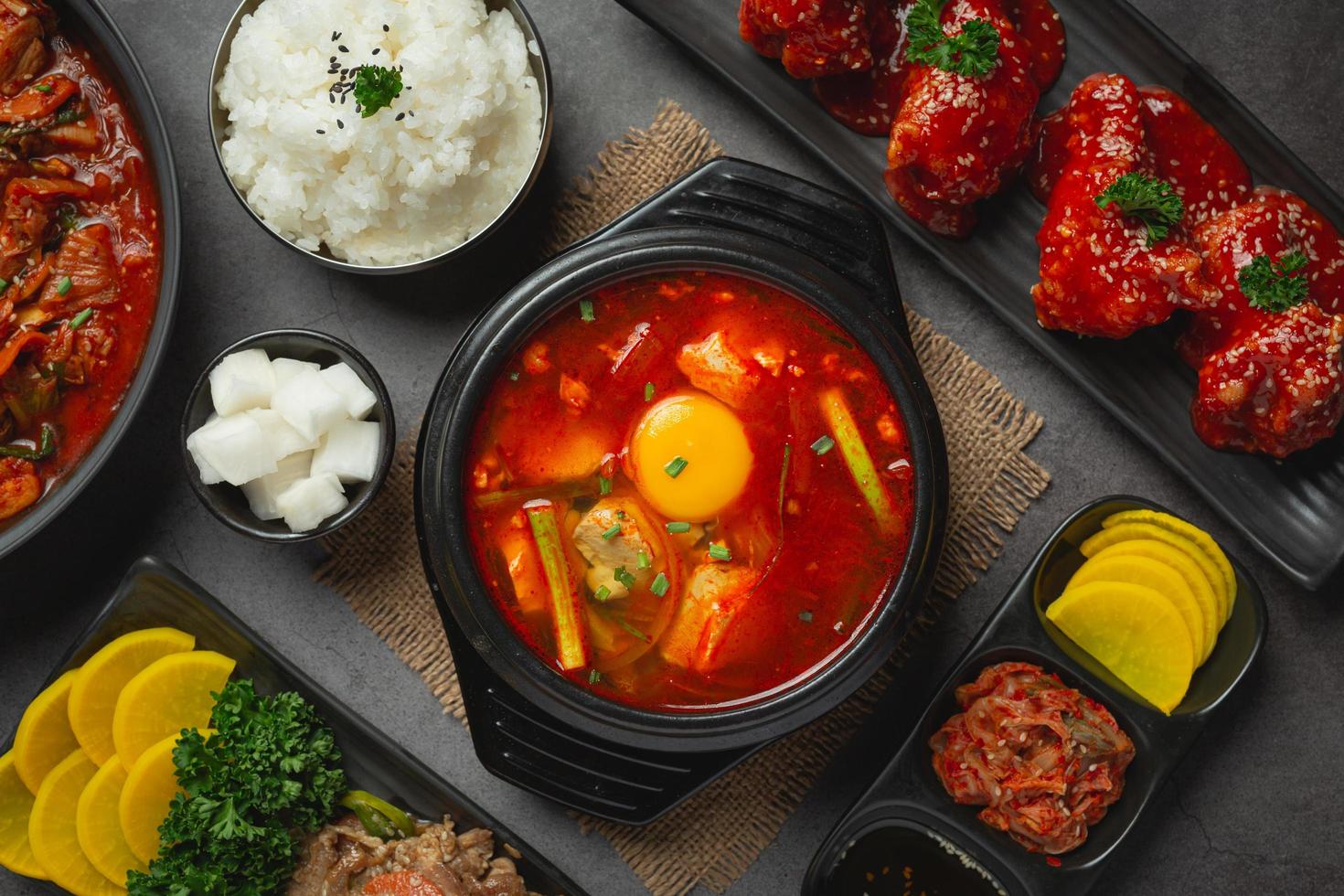 tofu and yolk boiled in spicy soup photo