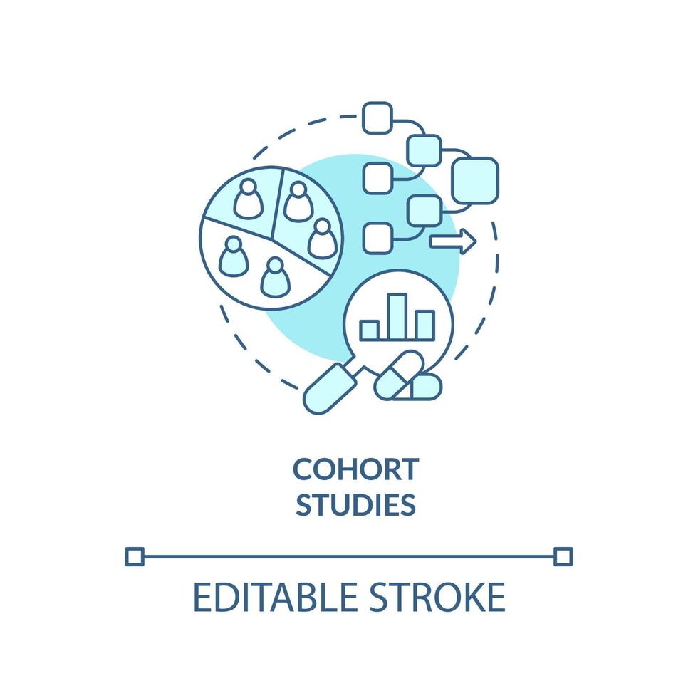 Cohort studies turquoise concept icon. Test of patient group. Clinical trials type abstract idea thin line illustration. Isolated outline drawing. Editable stroke. Arial, Myriad Pro-Bold fonts used vector