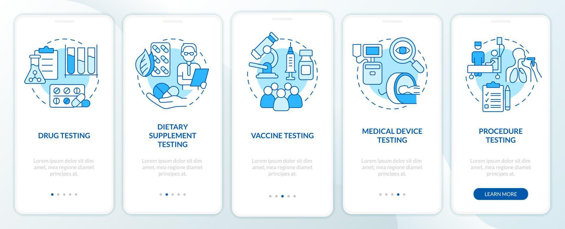 Things to be tested blue onboarding mobile app screen. Investigating walkthrough 5 steps graphic instructions pages with linear concepts. UI, UX, GUI template. Myriad Pro-Bold, Regular fonts used vector