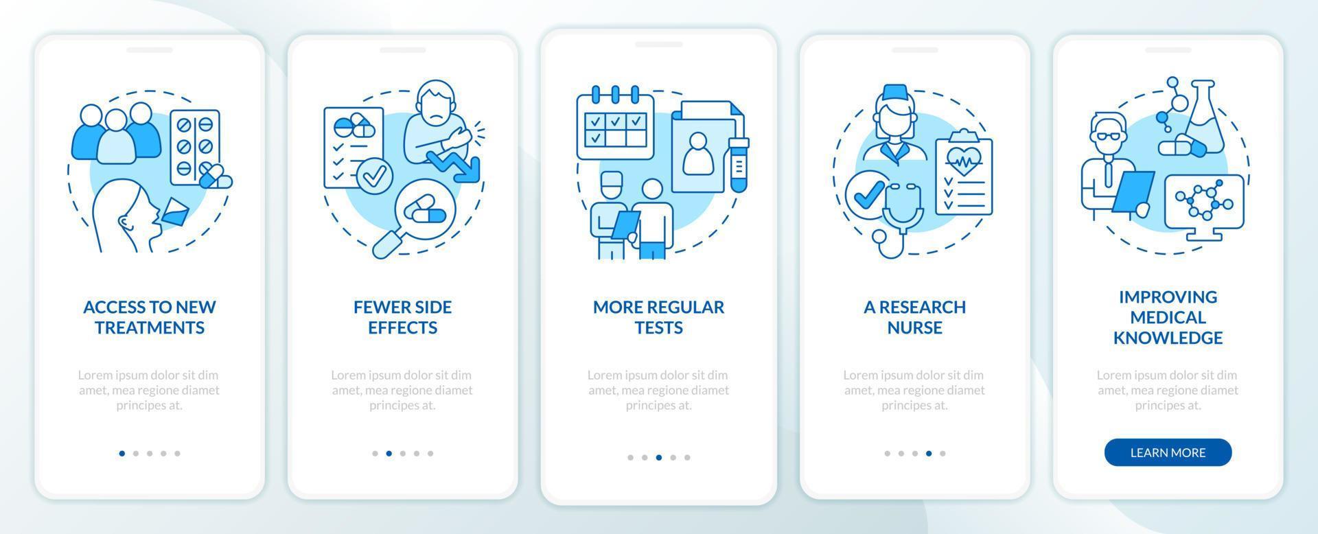 Clinical trials advantages blue onboarding mobile app screen. Researching walkthrough 5 steps graphic instructions pages with linear concepts. UI, UX, GUI template. Myriad Pro-Bold, Regular fonts used vector