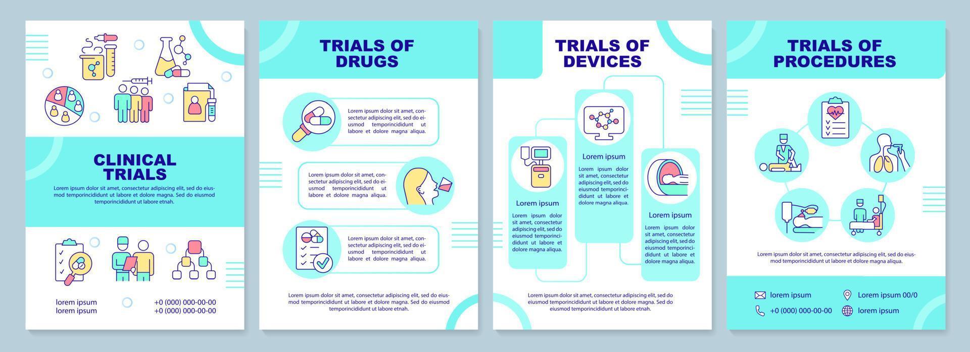 Clinical trials types turquoise brochure template. Medical science. Leaflet design with linear icons. 4 vector layouts for presentation, annual reports. Arial-Black, Myriad Pro-Regular fonts used