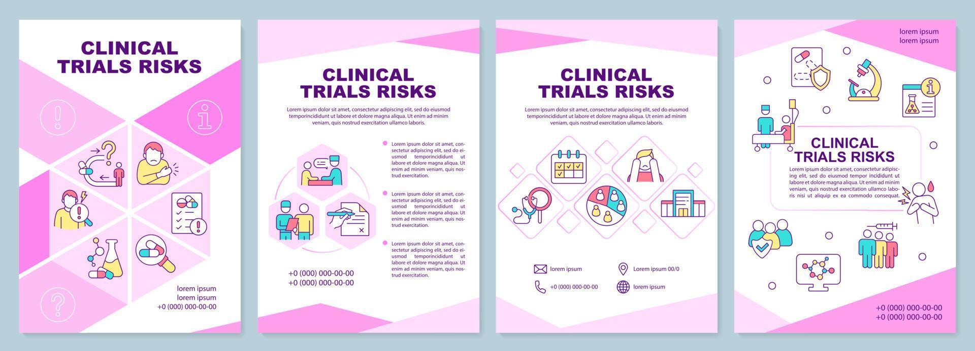 Clinical trials risks pink brochure template. Side effects. Leaflet design with linear icons. 4 vector layouts for presentation, annual reports. Arial-Black, Myriad Pro-Regular fonts used