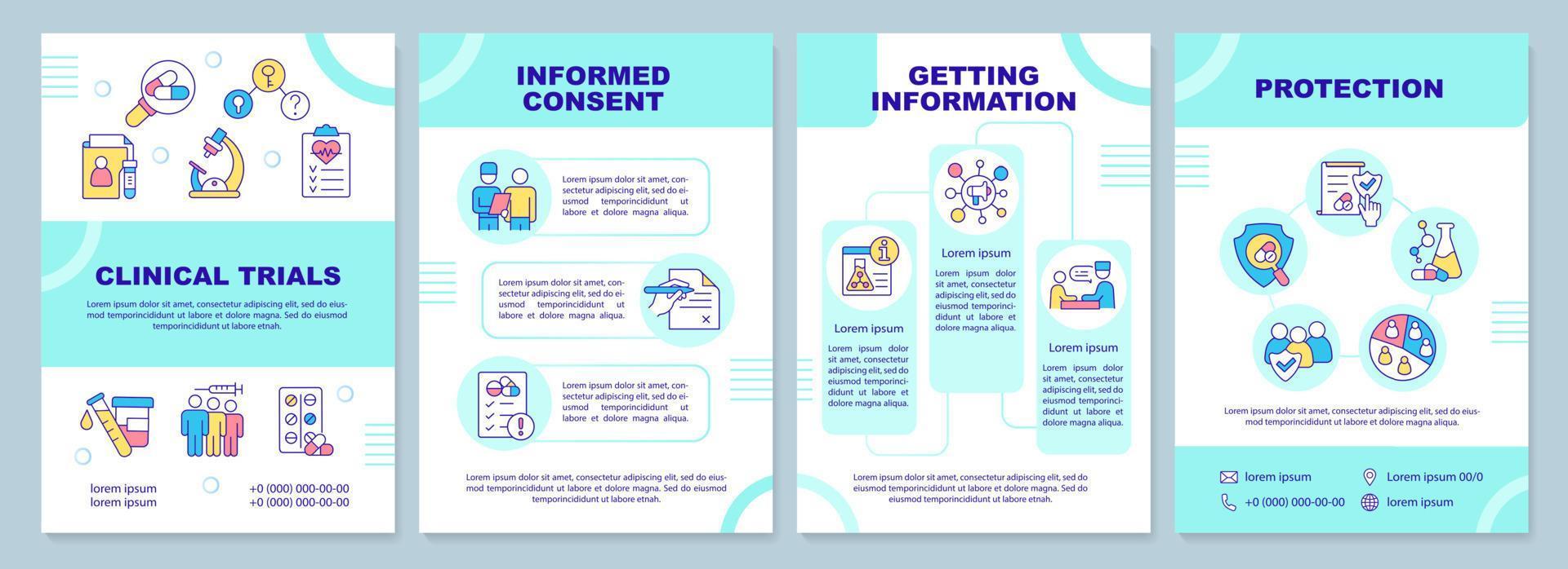 Clinical studies mint brochure template. Medical tests. Leaflet design with linear icons. 4 vector layouts for presentation, annual reports. Arial-Black, Myriad Pro-Regular fonts used