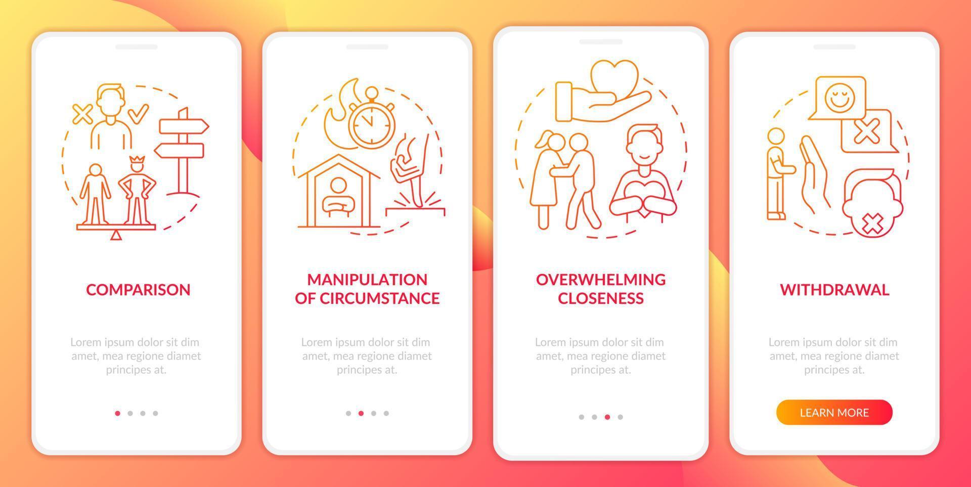 Emotional manipulation red flags gradient onboarding mobile app screen. Walkthrough 4 steps graphic instructions pages with linear concepts. UI, UX, GUI template. Myriad Pro-Bold, Regular fonts used vector