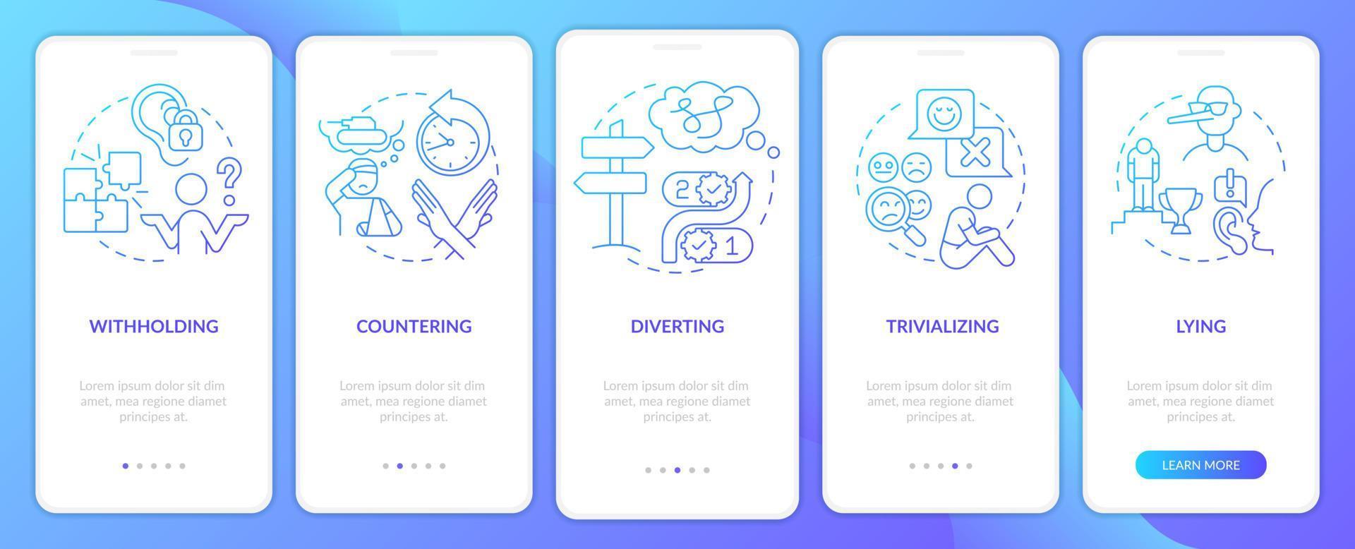 Emotional manipulation cases blue gradient onboarding mobile app screen. Walkthrough 5 steps graphic instructions pages with linear concepts. UI, UX, GUI template. Myriad Pro-Bold, Regular fonts used vector