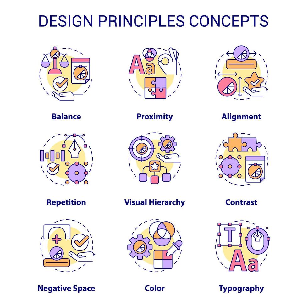 Design principles concept icons set. Art and creative work. Visual content trends idea thin line color illustrations. Isolated symbols. Editable stroke. Roboto-Medium, Myriad Pro-Bold fonts used vector
