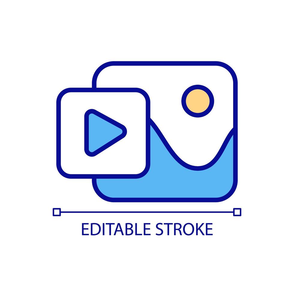 Create video content RGB color icon. Live stream. Social media. Share art online. Clip making. Isolated vector illustration. Simple filled line drawing. Editable stroke. Arial font used