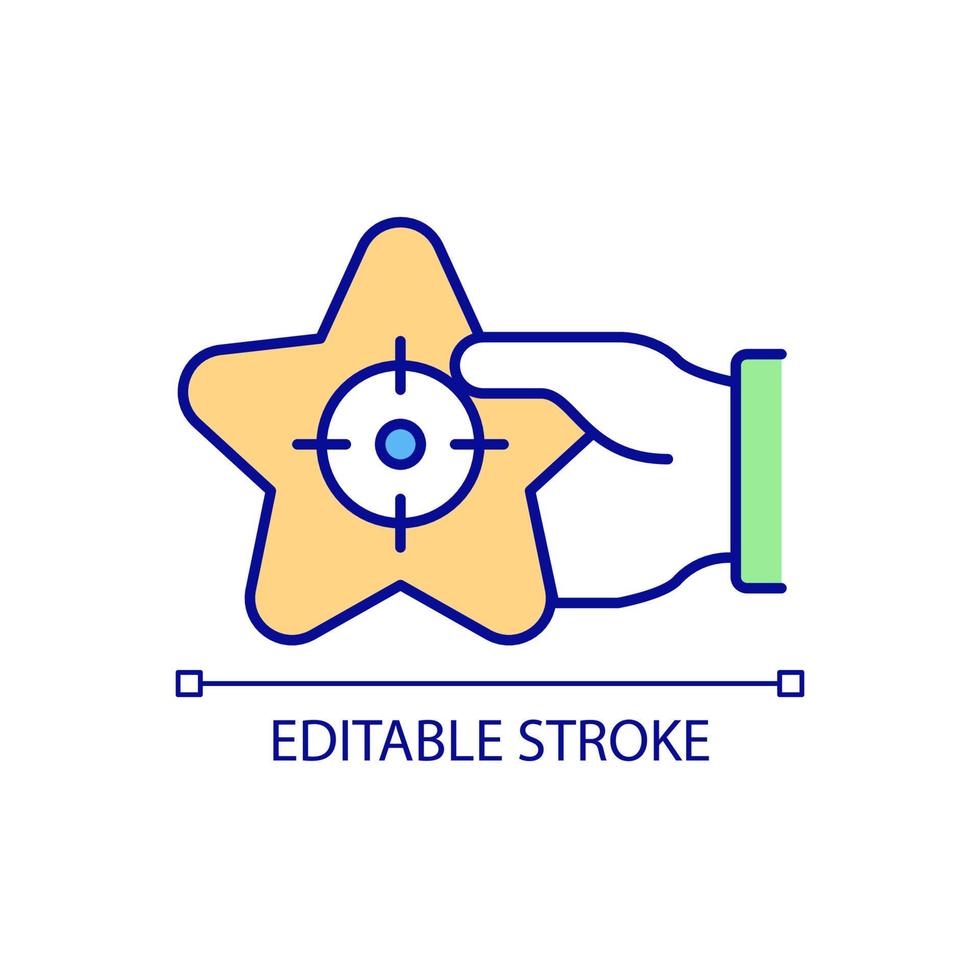 Achieve goal RGB color icon. Development and growth. Get best result. Hand holding star with aim. Isolated vector illustration. Simple filled line drawing. Editable stroke. Arial font used