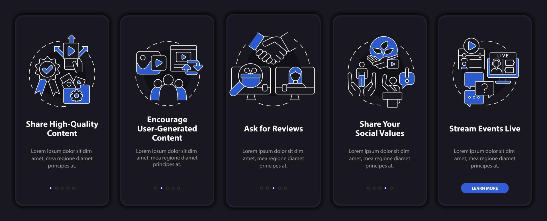 Build trust on social media night mode onboarding mobile app screen. Open walkthrough 5 steps graphic instructions pages with linear concepts. UI, UX, GUI template. Myriad Pro-Bold, Regular fonts used vector