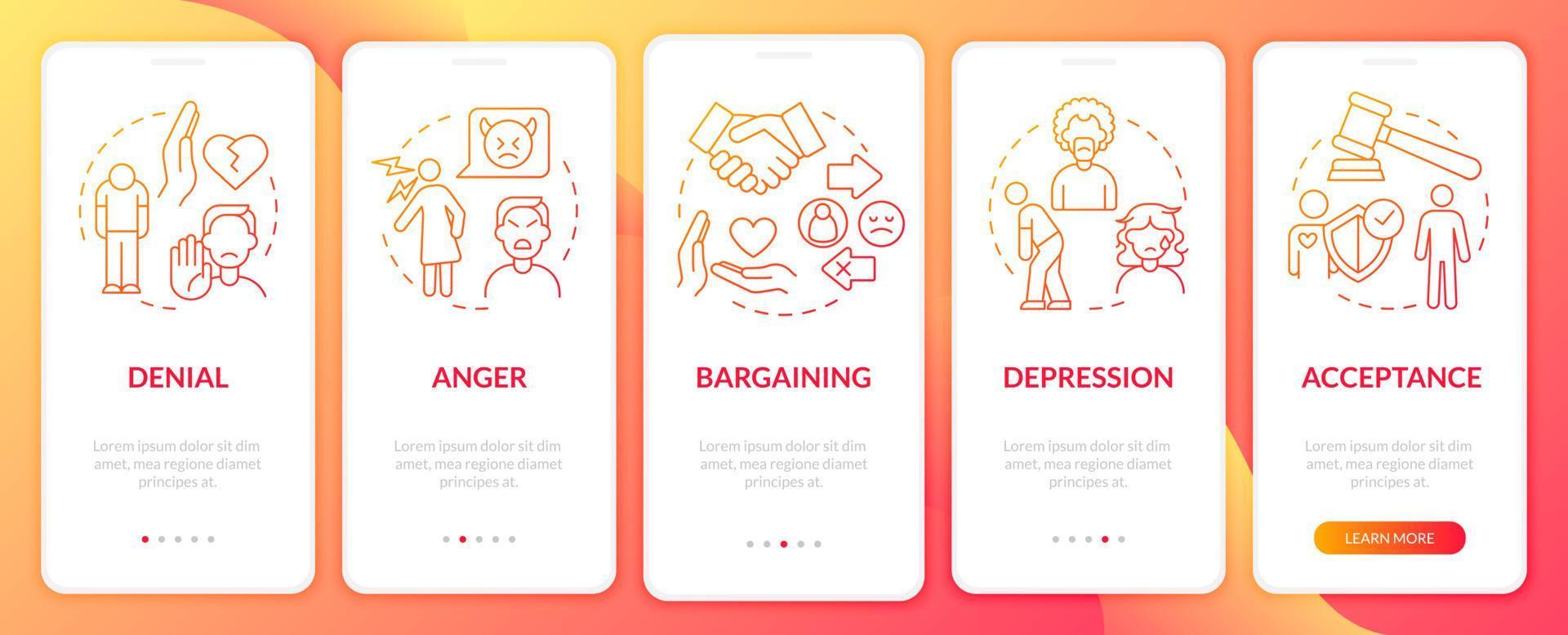Divorce stages red gradient onboarding mobile app screen. Accespance walkthrough 5 steps graphic instructions pages with linear concepts. UI, UX, GUI template. Myriad Pro-Bold, Regular fonts used vector