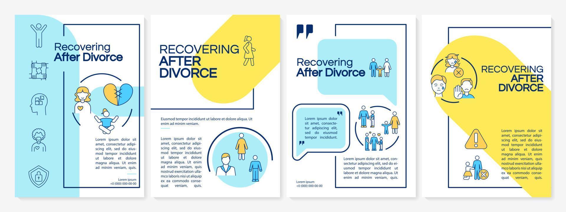 Recovering after divorce blue and yellow brochure template. Booklet print design with linear icons. Vector layouts for presentation, annual reports, ads. Questrial-Regular, Lato-Regular fonts used