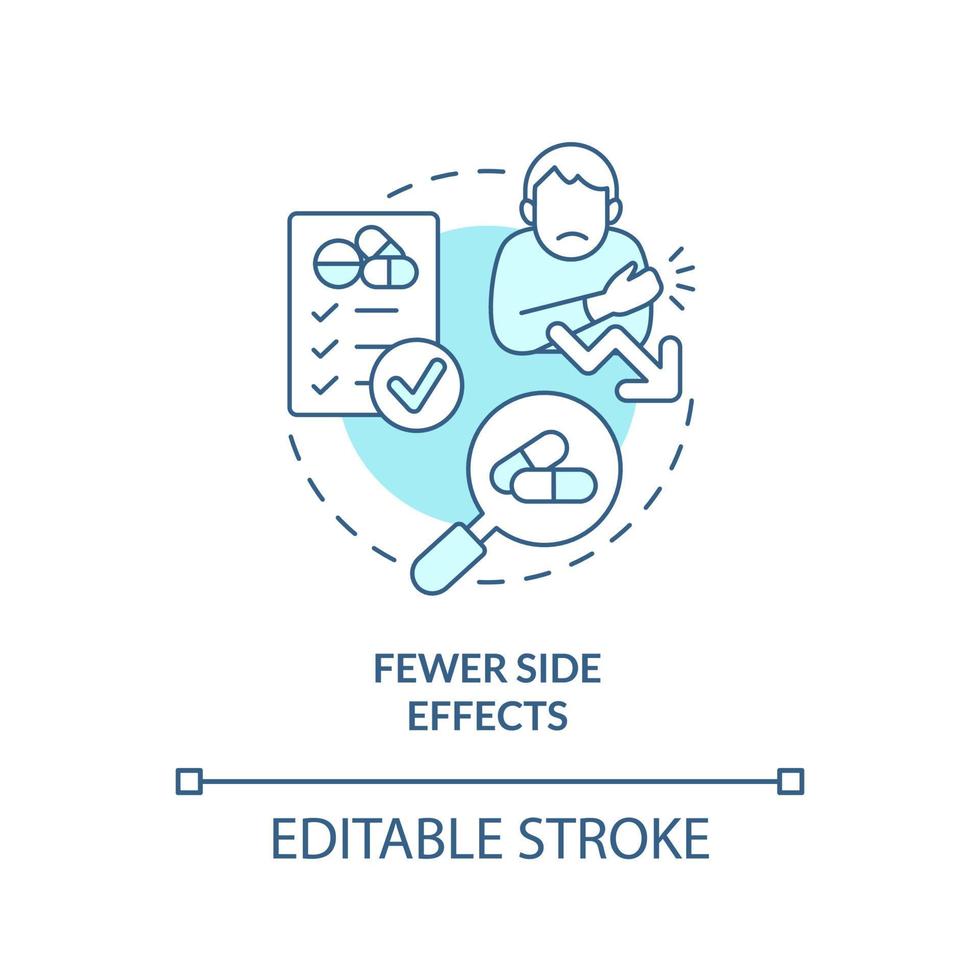 Fewer side effects turquoise concept icon. Clinical trials advantage for participant abstract idea thin line illustration. Isolated outline drawing. Editable stroke. Arial, Myriad Pro-Bold fonts used vector