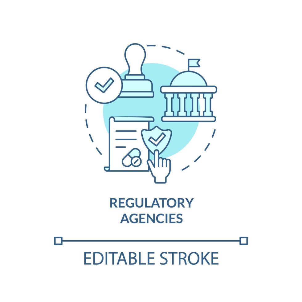 Regulatory agencies turquoise concept icon. Safety of clinical trials guaranty abstract idea thin line illustration. Isolated outline drawing. Editable stroke. Arial, Myriad Pro-Bold fonts used vector