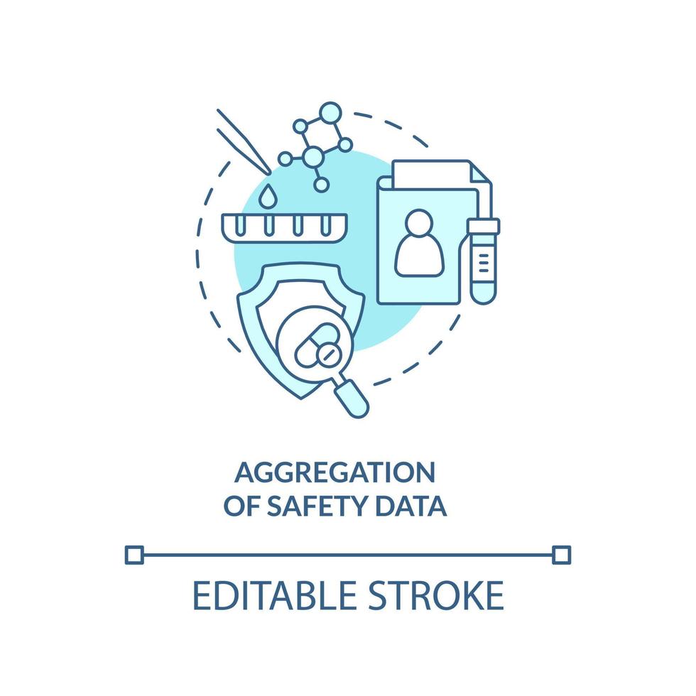 Aggregation of safety data turquoise concept icon. Clinical trials providing abstract idea thin line illustration. Isolated outline drawing. Editable stroke. Arial, Myriad Pro-Bold fonts used vector